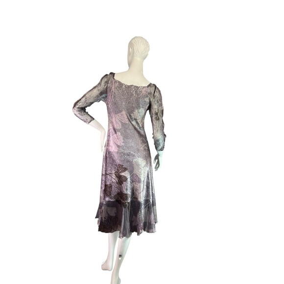Komarov Dress Gray Silver Mauve Ginko Leaf Print Pleated Hem, Lace Detail $468 M - Picture 4 of 13